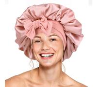 Gorro de seda para mujer, doble capa, satén con banda elástica ajustable, para cabello rizado (oro rosa claro)