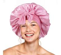 Gorro de seda para mujer, doble capa, satén con banda elástica ajustable, para cabello rizado (rosa claro)