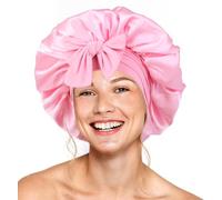 Gorro de seda para mujeres durmientes, doble capa, satén con banda elástica ajustable para cabello rizado (rosa)