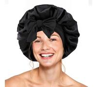 Gorro de seda para mujeres durmientes, doble capa, satén con banda elástica ajustable para cabello rizado (negro)