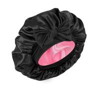 Gorro de seda para mujeres durmientes, doble capa, satén con banda elástica ajustable para cabello rizado (negro y rosa)