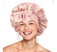 Gorro de seda para mujeres durmientes, gorro de satén de doble capa con banda elástica ajustable para cabello rizado (champán)