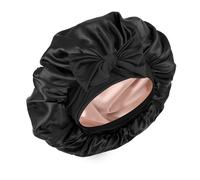 Gorro de seda para mujeres durmientes, gorro de satén de doble capa con banda elástica ajustable para cabello rizado (negro y champán)
