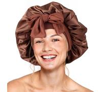 Gorro de seda para mujeres durmientes, gorro de satén de doble capa con banda elástica ajustable para cabello rizado (café)