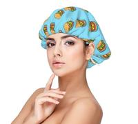 Gorro de seda satinada con estampado azul hamburguesa de res para mujeres durmientes, gorro de satén ajustable de doble capa para cabello rizado