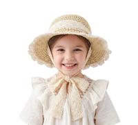 Gorro de Sol Infantil Beige con Encaje, Sun Hat de Paja Tejida a Mano 40-45cm, Plegable con Cordón, Protección Solar Niños 2-5 Años, Sombrero Playa para Actividades al Aire Libre