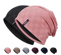 Gorro holgado para hombres y mujeres, gorro de punto jacquard fino y ligero, gorro de calavera suave, gorro holgado y holgado, unisex, clásico y flexible para invierno, Negro+Rosa Coral, Taille unique