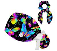 Gorro médico con coleteros, gorro de trabajo de mariposa, gorro de trabajo ajustable para mujer, multicolor (Multicoloured 2), Medium