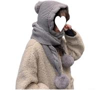 Gorro moderno con bufanda todo en uno y orejeras para mujer hecho de fibra acrílica suave con elegante función de bola (gris)
