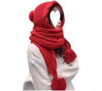 Gorro moderno con bufanda todo en uno y orejeras para mujer hecho de fibra acrílica suave con elegante función de bola (rojo)