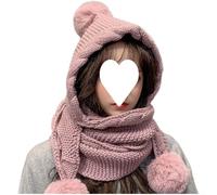 Gorro moderno con bufanda todo en uno y orejeras para mujer hecho de fibra acrílica suave con elegante función de bola (rosa)
