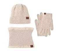 Gorro para hombre y mujer, conjunto de guantes de forro polar, cálido punto, calentador de cuello, gorro térmico, para deportes al aire libre, esquí, bicicleta, manoplas para hombre y mujer, beige
