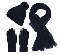 Gorro para hombre y mujer, estilo informal, color liso, de punto, gorro de lana cálido, guantes de bufanda, juego de tres piezas, Negro , talla única