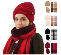 Gorro para mujer 3 en 1, guantes y bufanda a cuadros, juego de invierno, 3 piezas, gorro de punto para mujer