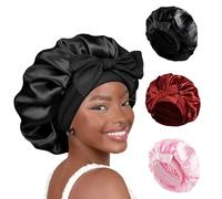 Gorro Saten Pelo Rizado 3 Piezas Gorro para Dormir de Satén Elasticidad Gorro de Satén Ajustable Protector de Cabello Nocturno para Mujeres y Niñas (Burdeos, Negro, Rosa)