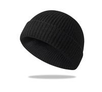 Gorro Trawler Beanie - Gorros cortos de pescador para clima frío, gorra elástica tipo calavera, estilo retro y hip-hop, Negro, Talla única