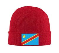 Gorro Unisex de Invierno en Acrílico,Ligero y Cálido,Elástico con República Democrática del Congo Estampado Bandera para Uso Diario,Rojo