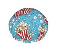 Gorros de ducha con estampado de palomitas de maíz de dibujos animados para mujer, reutilizables, de doble capa, banda elástica, gorro de baño para ducha