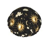 Gorros de ducha con estampado de sol de cielo negro y dorado para mujer, reutilizables, de doble capa, banda elástica, gorros de baño para ducha