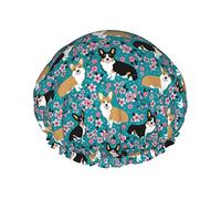 Gorros de ducha Corgi Spring Florals Fabric Cherry Blossom para mujeres, impermeables, reutilizables, gorros de ducha para el cabello, gorros de baño, turbante, gorro de ducha para niñas