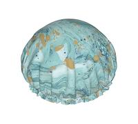 Gorros de ducha de baño reutilizables para mujer Cabello largo Azurite Teal and Foil Gold Oil Marble Pattern Impreso de doble capa Impermeable Baño Shower Hat