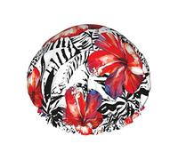 Gorros de ducha de flores de hibisco rojo tropical para mujer Gorro de baño de ducha impermeable reutilizable Gorro de baño de ducha de doble bLayers Gorro de baño de ducha elástico con forro de Pev