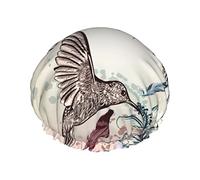 Gorros de ducha de flores de hibisco y colibrí vintage para mujer Gorro de ducha impermeable reutilizable Gorro de baño de doble bLayers Gorro de baño de ducha elástico con forro de Peva suave y cóm
