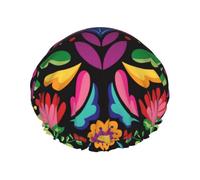 Gorros de ducha, gorro de ducha mexicano colorido bordado floral para mujer, reutilizable, impermeable, gorro de pelo para ducha, doble capa, banda elástica de pelo largo