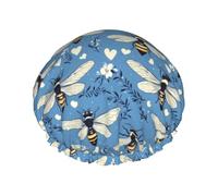 Gorros de ducha grandes reutilizables para mujer, cómodos, con estampado de abejas azules de doble capa para ducha con cuerda elástica y forro de Peva
