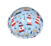 Gorros de ducha grandes reutilizables para mujer, cómodos, con estampado de ancla de faro de gaviota, doble capa, para ducha, con cuerda elástica y forro de Peva
