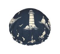 Gorros de ducha grandes reutilizables para mujer, cómodos, con estampado de faro, ancla, gaviota, doble capa, para ducha, con cuerda elástica y forro de Peva