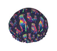 Gorros de ducha grandes reutilizables para mujer, doble capa de estampado de dibujos animados de neón para ducha con cuerda elástica y forro de Peva