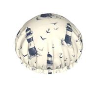 Gorros de ducha grandes reutilizables para mujer, doble capa de impresión de ancla de gaviota para ducha con cuerda elástica y forro de Peva