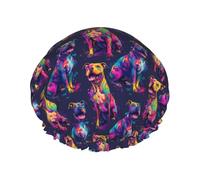 Gorros de ducha grandes reutilizables para mujer, gorro de doble capa con estampado de pitbull de neón para ducha con forro de Peva y cuerda elástica