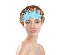 Gorros de ducha para mujer, gorro de ducha reutilizable e impermeable, doble capa con banda elástica de pelo largo, gorro de baño de animales en el arca de Noé para ducha