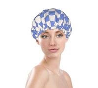 Gorros de ducha para mujer, gorro de ducha reutilizable e impermeable, doble capa con banda elástica de pelo largo, gorro de baño a cuadros azul cielo blanco para ducha