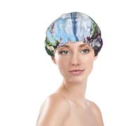 Gorros de ducha para mujer, gorro de ducha reutilizable e impermeable, doble capa con banda elástica, gorro de baño de pelo largo, café parisino con gorro Eiffel para ducha