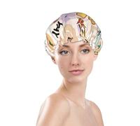 Gorros de ducha para mujer, gorro de ducha reutilizable e impermeable, doble capa elástica, gorro de baño de pelo largo, gorro de baño de flores arcoíris con signo de paz para ducha