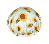 Gorros de ducha, Vintage Blanco Lunar Girasol Gorro de Ducha para Mujeres Reutilizable Impermeable Gorro de Cabello para Ducha Doble Capa Goma Elástica Pelo Largo Gorros de Baño
