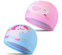 Gorros de Natación para Niños 2 Gorros de Piscina Divertida Gorros de Baño con Diseño de Dibujo Unicornio Cisne Piña Gorros de Nadar de Niños para Pelo Largo y Corto (Unicornios, Cisnes)