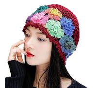 Gorros de punto para hombre Gorro de ganchillo de algodón bordado hecho a mano con estampado floral ahuecado capucha para hombre divertido, rojo, Talla única