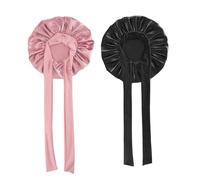 Gorros De Satén para Dormir,2 Pcs Gorro Saten Pelo Rizado Ajustable Gorro Pelo Rizado Dormir para Dormirs por la Noche con Banda para Atar para Mujeres,Niñas,Cabello Largo,Liso y Rizado,Negro,Rosa