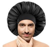 Gorros de seda para hombre, satén para dormir, dobladillo ajustable, capó grande para trenzas rizadas que permanecen toda la noche (negro)