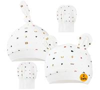 Gorros y manoplas de algodón para bebés - 100% algodón 2 piezas Gorros para bebés Sombreros y 2 pares de guantes para bebés (6-11 Meses)