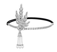 GORTIN Diadema con flecos de hojas de los años 20, diadema con borlas de perlas, accesorios para el cabello, cadena para la cabeza para mujer (plateado)