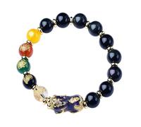 GORWMONEY Pulsera Feng Shui - Obsidiana, Pi xiu y el Dios de la Riqueza de Cinco Vías, regalo elegante con vibraciones positivas, 10.0 Millimeters, Obsidiana, metal, Obsidiana