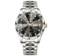Gosasa Reloj analógico de cuarzo para hombre y mujer, de acero inoxidable, con números romanos, resistente al agua, con calendario, fecha, color dorado y plateado, M-oro negro, Hombres