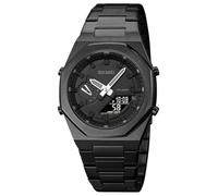 Gosasa Reloj analógico digital de lujo para hombre, retro, octágono, retroiluminación LED, resistente al agua hasta 30 m, con correa de acero inoxidable dorada y plateada, cronómetro, 5 alarmas, Negro