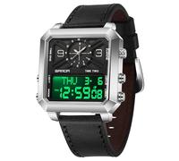 Gosasa Reloj analógico digital para hombre, esfera grande, impermeable, deportivo, casual, correa de piel, con doble hora, alarma, pantalla luminosa, Plateado negro, Moda