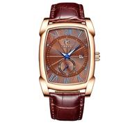 Gosasa Reloj clásico retro para hombre, correa de cuero, luminoso, impermeable, cuadrado, de cuarzo, calendario masculino, números romanos, dorado rosa marrón, Negocios